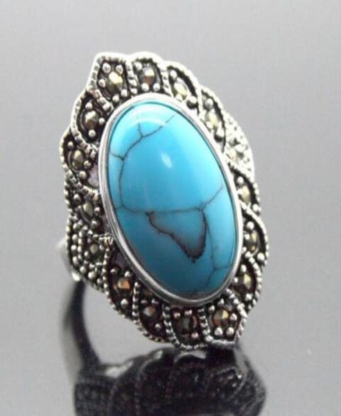 Turquoises bleues 17x30 mm GEM OVAL 925 Taille d'anneau marcasite en argent sterling 789107347675