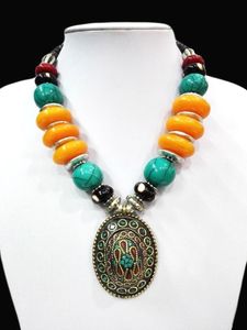 18 '' pendentif ethnique Collier épais du tibet Tibet Bright Amber Turquoise Perle Oyzz-009