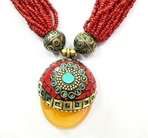 18 '' Ethnique Rouge Perle Multicouche Collier Pendentif Tibétain Argent Ambre oyzz-0013