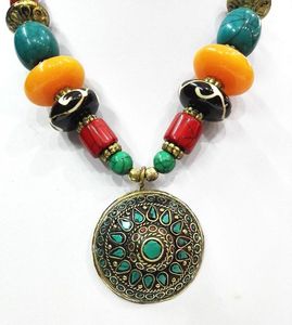 18 '' Ethnique Tibétain Argent BIJOUX Turquoise Ambre Collier Pendentif agate Perle oyzz-0012