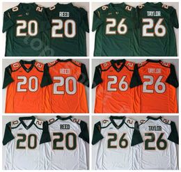 18 19 Miami Hurricanes College 26 Sean Taylor Maillots Hommes Vert Orange Blanc Football 20 Ed Reed Jersey Université Respirant Haute Qualité