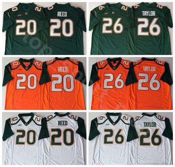 18 19 Miami Hurricanes College 26 Sean Taylor Jerseys Hombres Verde Naranja Blanco Fútbol 20 Ed Reed Jersey University Transpirable de alta calidad