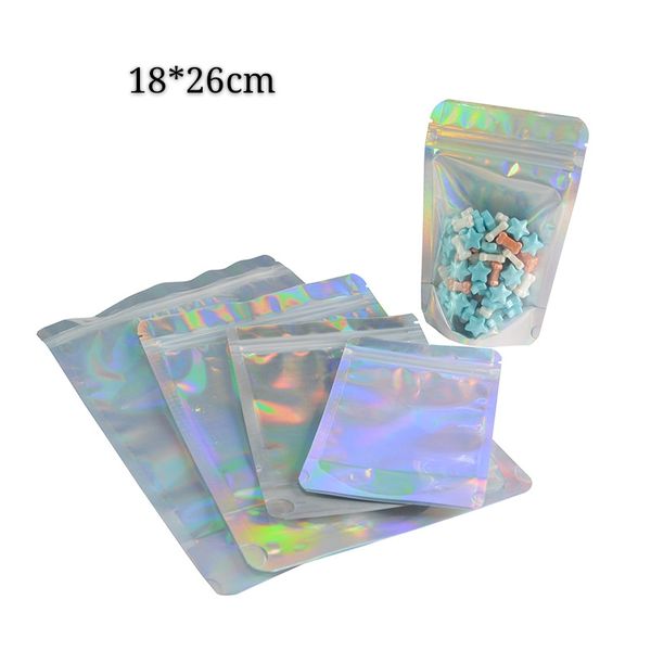 Sacs d'emballage holographiques et transparents sur le devant 18 * 26cm Sacs d'emballage en amande colorés Rainbow Zipper Seal Mylar Bag Dry Flowers Pouches Refermable