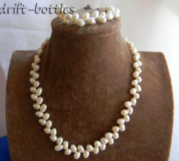 Ensemble de bracelets et colliers de perles d'eau douce de riz blanc, 18 ''/8'', 6mm x 9mm