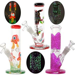 Rechte perc waterpijpjes gloeien in de Dark Oil DAB RIGS 5mm Dikke Glazen Bong Mashroom Owl Purple Decals Waterleidingen 18mm Diffused Downstam