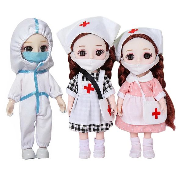 18 BJD Fullset Enfermse Doll con mascarillas faciales Accesorios de bolsas de medicina Traje protector Profesional Play House Toy 240403