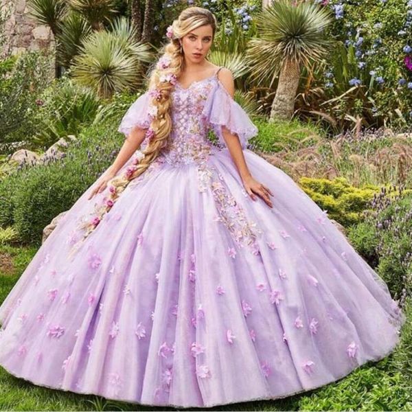 Robes de Quinceanera lilas du 18ème siècle 2022 sur l'épaule robe de bal médiévale avec des fleurs 3D à lacets à manches courtes Sweet 15 Vesti267A