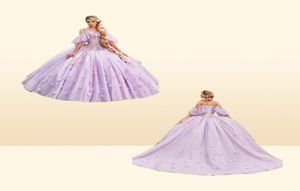 18 -eeuwse lila quinceanera jurken 2023 van de schouder middeleeuwse prom -jurk met 3D -bloemen veter omhoog korte mouw zoet 15 Vesti9531737