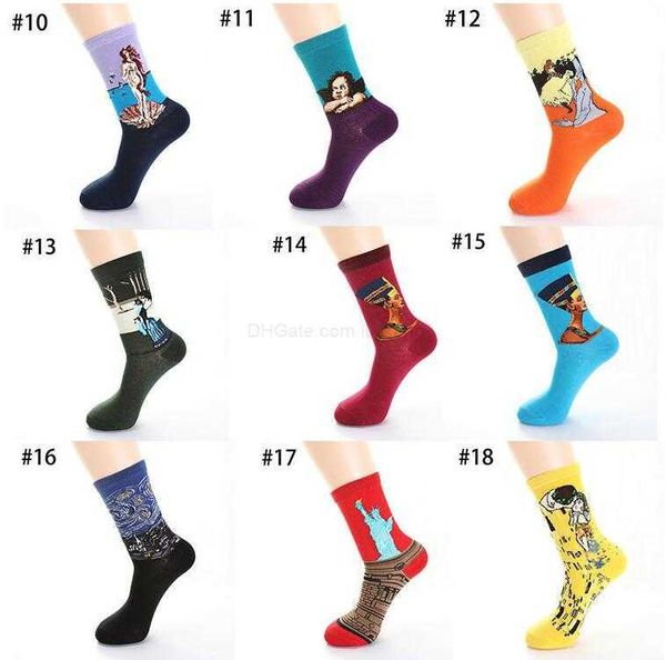 18 couleurs Art Style Chaussettes Femmes HOMMES grands enfants peinture à l'huile Coton Statue de la Liberté Mona Lisa Starry Sky Chaussettes Moyen tube chaussettes