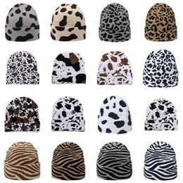 Bonnet imprimé léopard pour hommes et femmes, 18 couleurs, automne hiver, chapeau tricoté chaud, étudiant, mignon, imprimé zèbre, casquette imprimée vache
