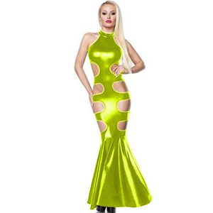 18 kleuren uitgehold taille benen glanzende lange jurk dames sexy mouwloze zeemeermin jurk exotische faux lederen club trompet vestido