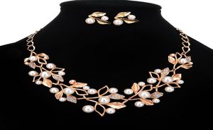 18 colores elegante perla simulada nupcial pendiente de boda joyería hoja cristal oro plateado collares Sets5211581