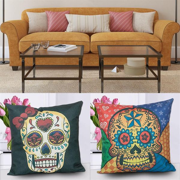 Funda de almohada de lino y algodón con cabeza de calavera de 18 colores, funda de cojín, cojines decorativos cuadrados para el hogar, coche, sofá 2609