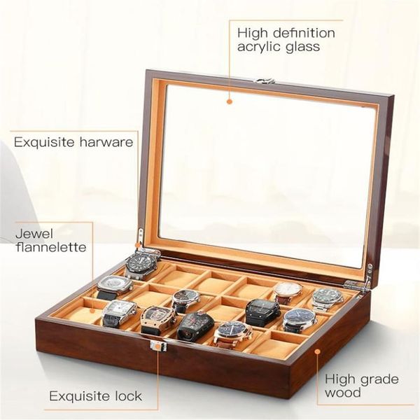 Boîtes de rangement de montres à 18 grilles, boîte d'exposition de montres en bois, étui et emballage de lunettes, organisateur de bijoux en peluche brune, fenêtre 280x