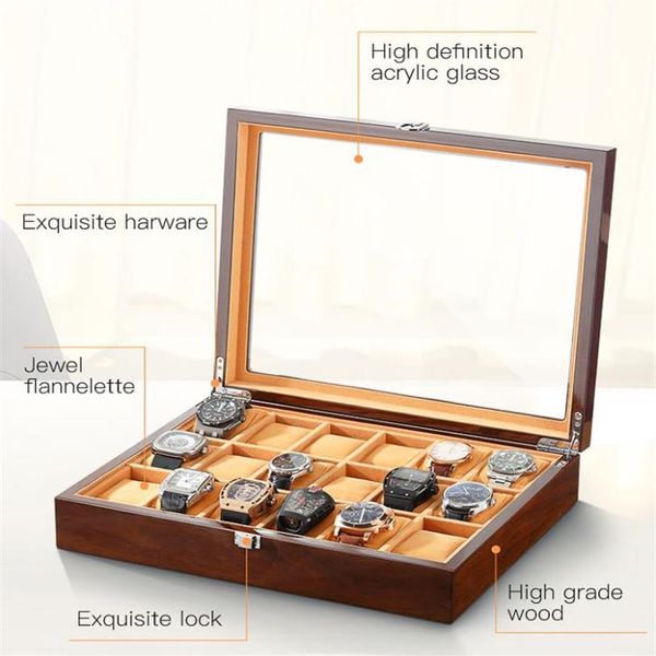 Boîtes de rangement de montres à 18 grilles, horloge, présentoir de montres en bois, étui et emballage de lunettes, organisateur de bijoux en peluche brune, fenêtre 203f