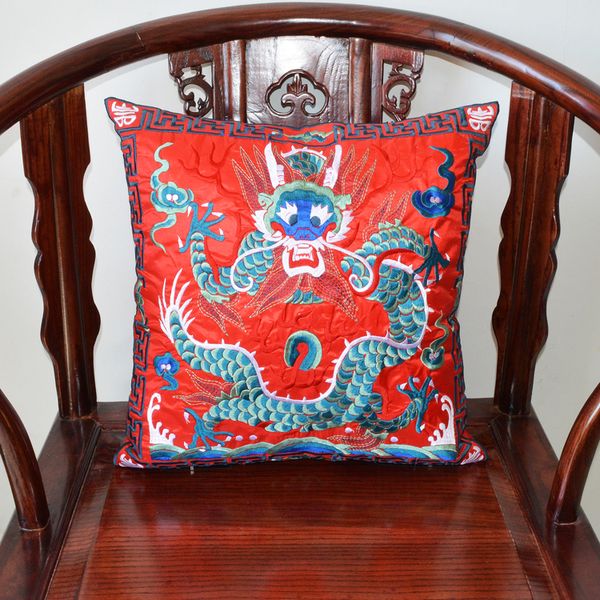 Dragon pleine broderie chinois housse de coussin noël taie d'oreiller décorative chaise canapé coussins Satin ethnique housse de coussin 45x45cm