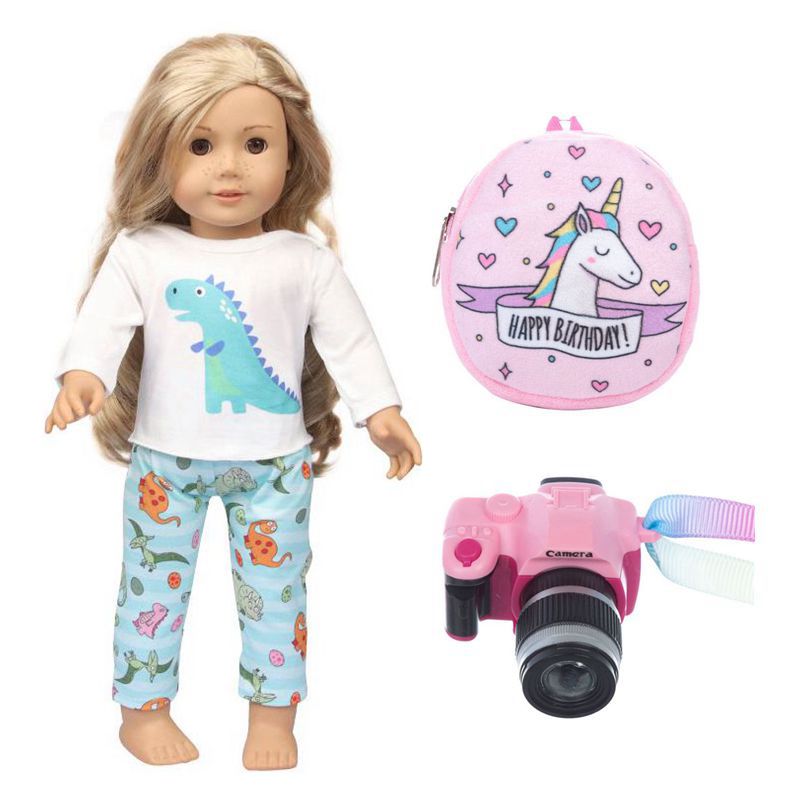 18 tum Doll Dinosaur Mönster Top and Pants Pink Unicorn Mönster Ryggsäck Pink Camera Accessoarer för American Girls Doll Set for Children's Toys