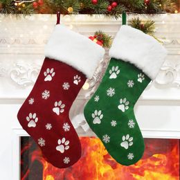 18 inch grote kerstsok Hond Kat Pootafdruk Sneeuwvlokpatroon Hangende kousen Rood Groen Kerstversiering Geschenkzakje Kerstboomversiering Voor Feest Thuis
