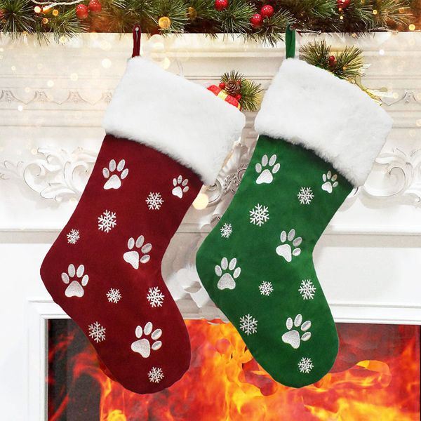 Medias navideñas grandes de 18 pulgadas con estampado de pata de perro y gato, patrón de copo de nieve, medias colgantes, decoraciones navideñas rojas y verdes, bolsa de regalo, adorno para árbol de Navidad para fiesta en casa