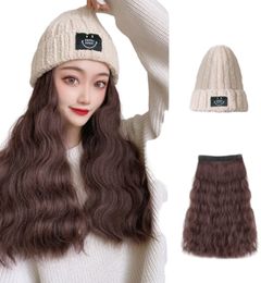 Gorro con peluca de pelo largo de 18 pulgadas, gorro de punto cálido integrado de moda para otoño e invierno para mujer, varios estilos disponibles