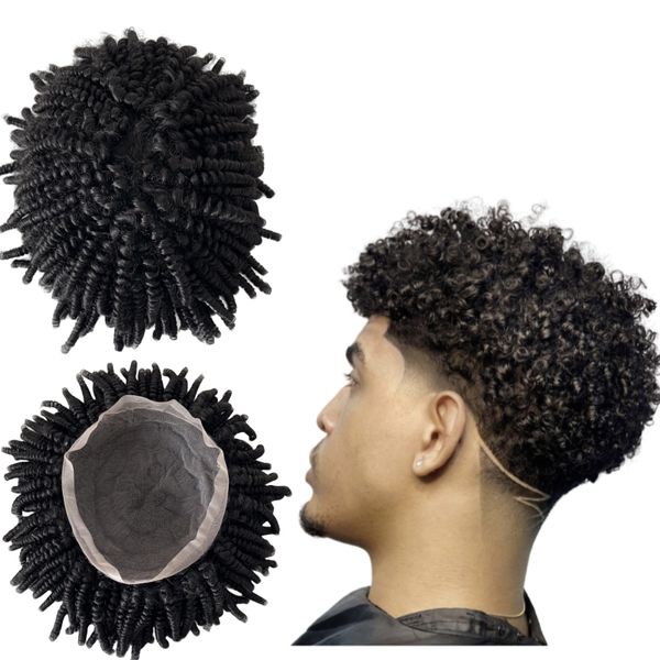 18 pouces systèmes de cheveux humains vierges brésiliens spirale Curl # 1 couleur noir de jais 8x10 toupet unité de dentelle complète pour hommes noirs