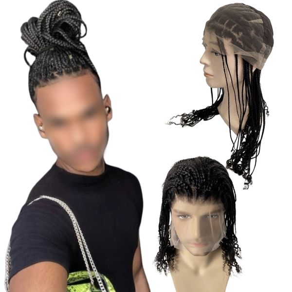 18 pouces indiens vierges systèmes de cheveux humains couleur naturelle 180% densité boîte tresses pleine dentelle perruques unité masculine pour hommes noirs