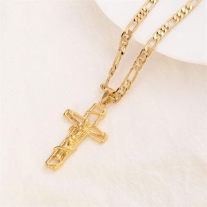 Collier avec pendentif croix Crucifix de jésus en or jaune fin massif 18 carats, chaîne à maillons Figaro italien, 60cm, 3mm327C