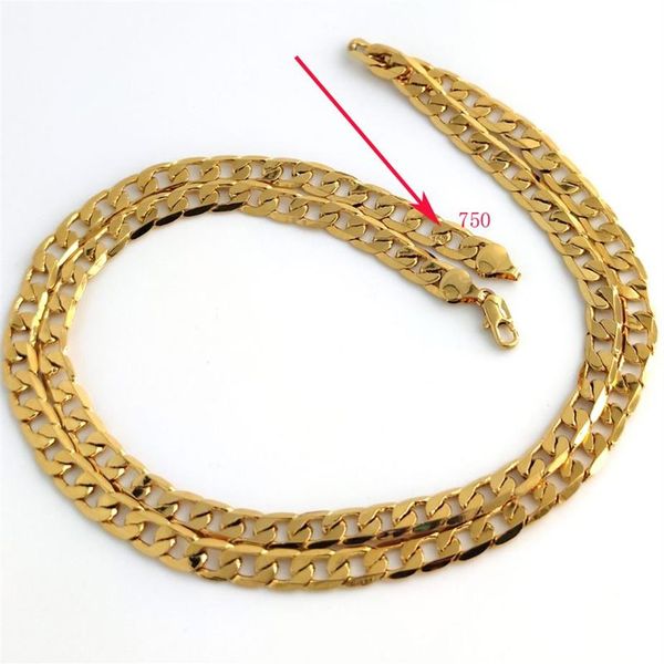 Collier chaîne à maillons cubains en or jaune massif 18 carats, bordure remplie, timbre italien 750, pour hommes et femmes, 7mm, 75CM de long, Hip-Hop2534