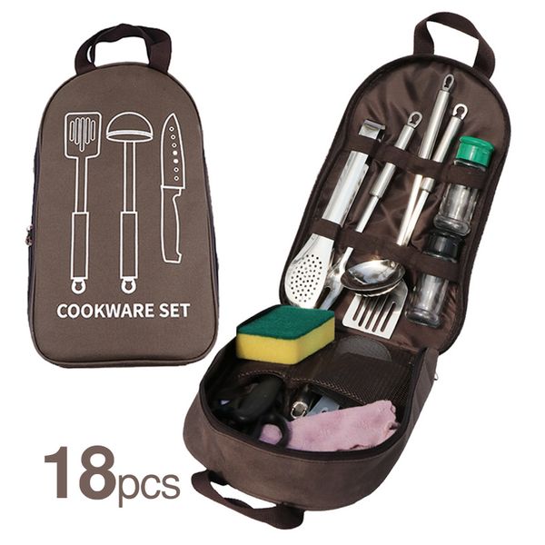 18 pièces Camp Cuisine Ustensiles de Cuisine Organisateur de Voyage Grill Accessoires Portable Compact Gear pour Sac à Dos BBQ Camping Randonnée Voyage Ustensiles de Cuisine Kit