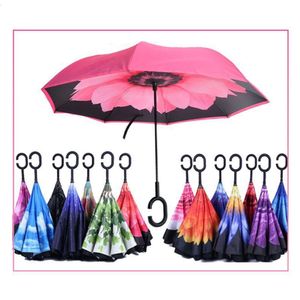 Parapluie inversé imprimé 18 styles double couche avec poignée en C Parapluie pliant coupe-vent inversé Parapluie ensoleillé et pluvieux Paraguas Inverso De Doble Capa