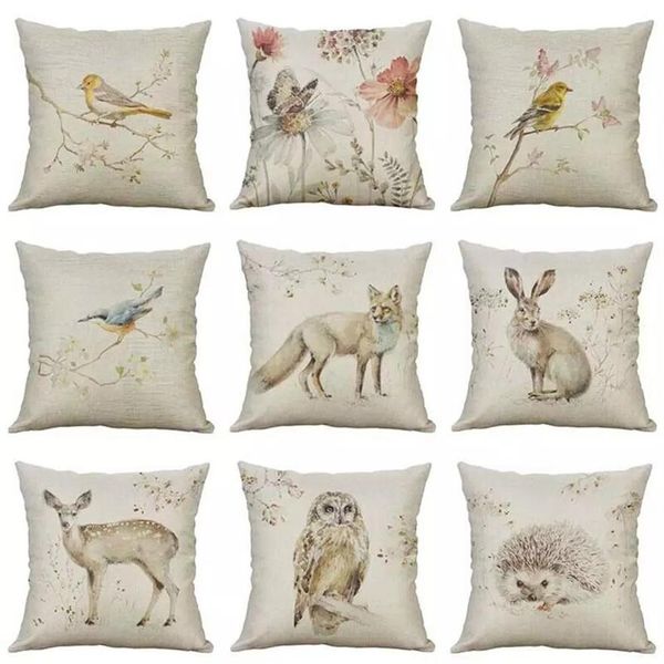 18 funda de almohada de lino de animales pequeños Vintage sofá sala de estar cintura decoración lindo gato algodón hogar cojín para dormitorio Office2329