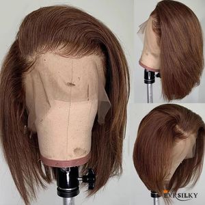 180% 13x6 partie profonde dentelle avant perruque de cheveux humains courte droite Bob perruque pièces libres cheveux bruns colorés pré plumés brésilien Remy