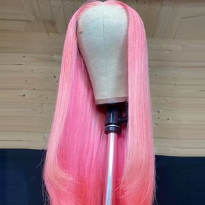 Perruque Lace Front Wig synthétique brésilienne lisse, cheveux naturels, rose, 13x4, pre-plucked, Transparent HD, 180%, pour femmes