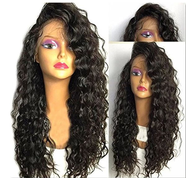 180 Ddensité Bouclés Simulation Lâche Vague Profonde Perruques Doux Avant de Lacet Perruques de Cheveux Humains pour Femmes Noir Sans Colle Longue Vague Bouclée Fibre Résistante À La Chaleur Synthétique Dentelle Perruques