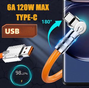 180 graden roteren 6A USB Type C Micro Datakabel 1M 3FT 1.5M Android Snel Oplaadsnoer Super Snellader Adapter PD 120W Max PD LED Lijnen Voor Huawei Samsung S23 GaN Metaal