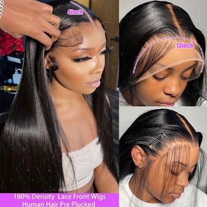 180% Dichtheid 13x4 Lace Front Wig Human Hair Voorgeplukt met babyhaar rechte Braziliaanse menselijke haarpruiken voor vrouwen Zwart rechte pruik