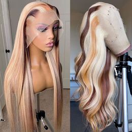 180 Dichtheid Braziliaanse Hoogtepunt Blond Gekleurd Simulatie Menselijk haar Pruik Body Wave Ombre HD Transparant Recht Kanten Voorpruiken Voor Vrouwen