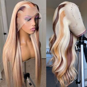 180 Densité Brésilienne Highlight Blonde Couleur Simulation Perruque de Cheveux Humains Vague de Corps Ombre HD Transparent Droit Avant de Lacet Perruques Pour Les Femmes
