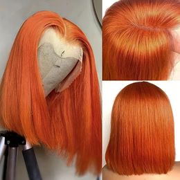 Perruque Bob Lace Frontal Wig brésilienne naturelle Remy, cheveux lisses, Orange gingembre, 13x4, densité 180%, 240130, pour femmes noires