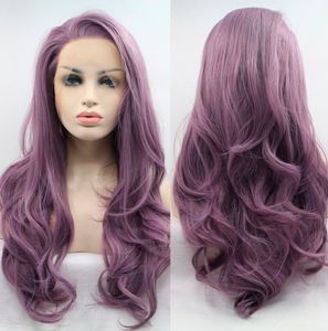 Pelucas delanteras de encaje púrpura sin pegamento de densidad 180 para mujeres Pelucas sintéticas de ondas corporales resistentes al calor cosplay línea de cabello natural
