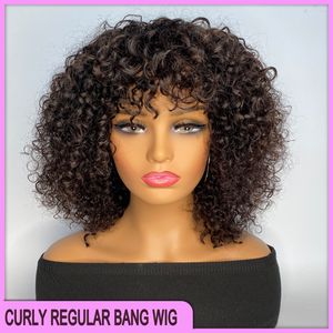 180% Dichtheid Grade 12a Hoge kwaliteit Peruaanse Indiase Braziliaanse Blaziaanse Black 100% RAW VIRGURE Remy Human Hair Jerry Curly Regular Bang Pruik 10 inch