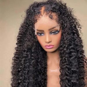 Perruque Lace Wig Remy brésilienne naturelle, cheveux crépus bouclés, à bords transparents, densité 180, 28 30 pouces, pour femmes, 231229