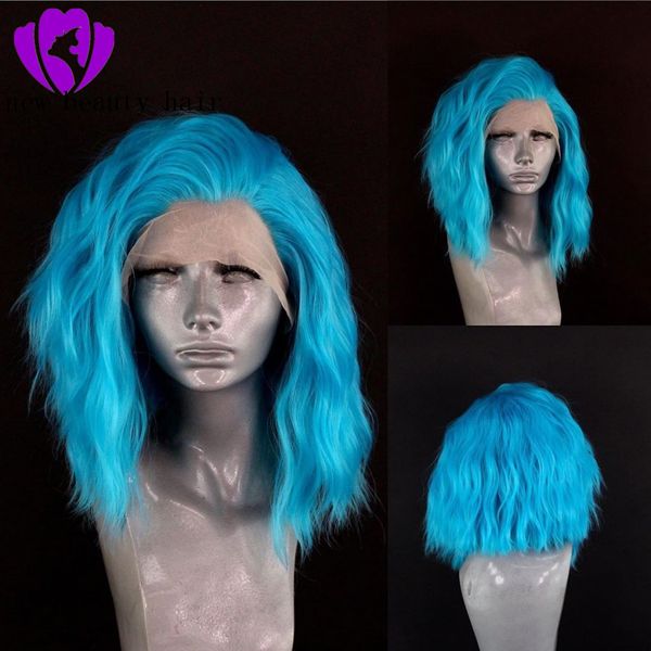 180% Densité Loose Wave Lace Front Wigs synthétique résistant à la chaleur pour les femmes couleur bleue perruque courte brésilienne pré-plumée avec des cheveux de bébé