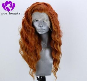 Perruque Lace Front Wig synthétique ondulée rouge orange-cuivre, perruque longue, ample et bouclée, densité 180, pour femmes noires, 4865771