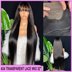180% dichtheid Peruaanse Indiase Indiase Braziliaanse Natuurlijk Zwart Silky rechte 4x4 Transparante kanten Bang Pruik 32 inch 100% RAW VIRLY Remy Human Hair