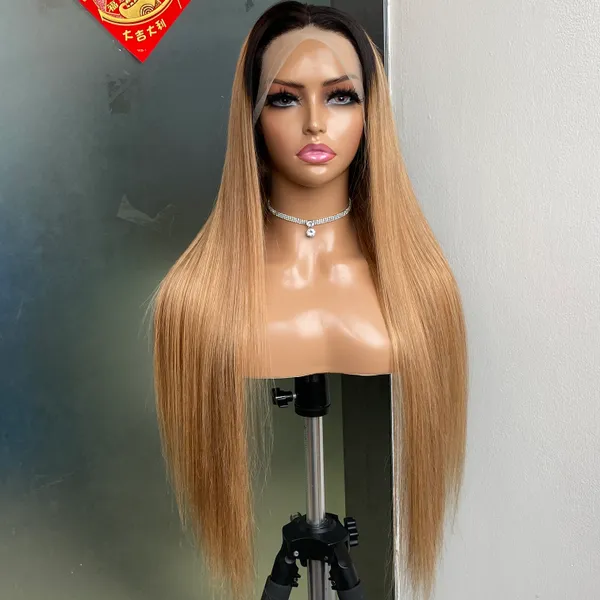 180% Densité Péruvien Indien Brésilien cheveux épais 1b 27 100% Raw Virgin Remy Cheveux Humains Silky Straight 13x4 Transparent Lace Frontal Wig