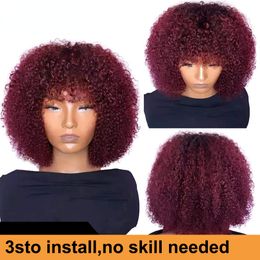 Perruque Lace Front Wig synthétique brésilienne bouclée crépue avec frange, perruque courte Bob Afro couleur rouge 99j avec frange, densité 180%, pour femmes