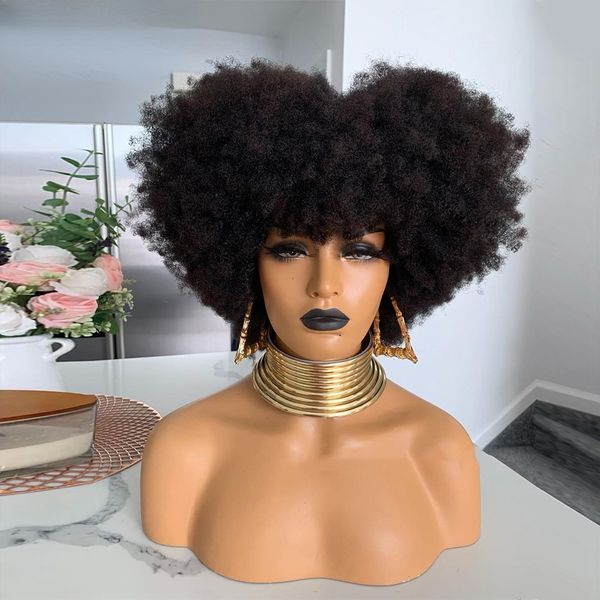 Perruques de cheveux humains mongols afro crépus bouclés avec frange pour femmes noires, sans colle, sans colle, densité 180%