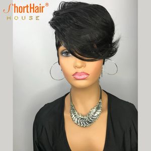 180% densité courte pixie coupée coiffure humaine bob perruques ondulées avec une frange pour les femmes noires Full Machine faite