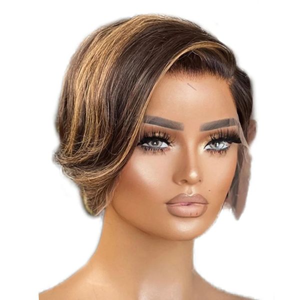 180 HD Sight Highlight Pixie Cut Wig Short Bob Wig Perruques de cheveux humains droits pour femmes partie latérale Transparente Lace Wig Natural Pré